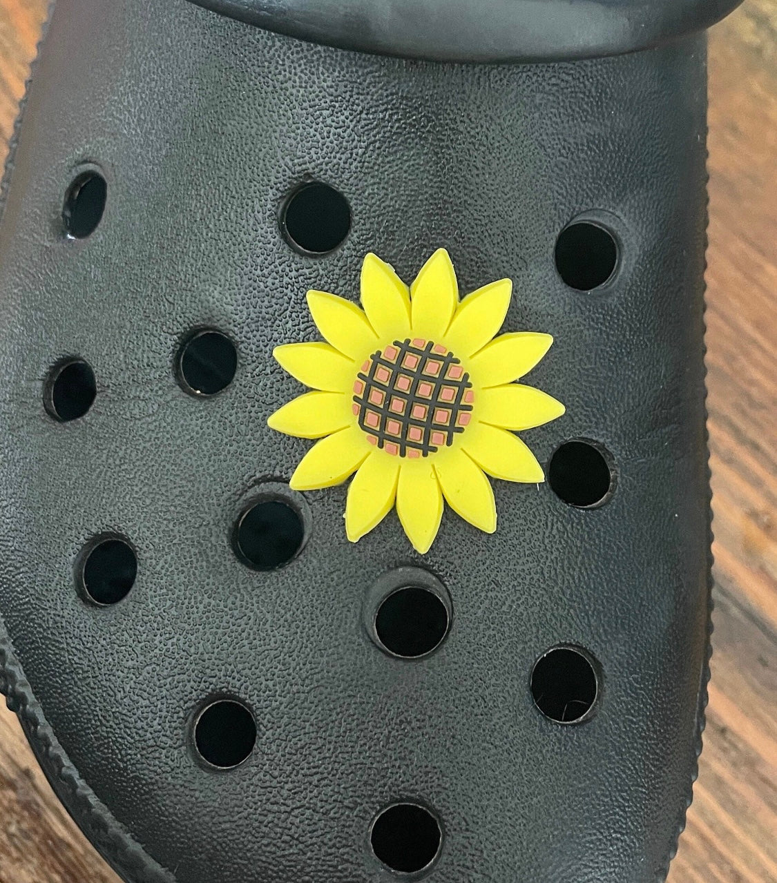 Sunflower Shoe Charm on a croc shoe.