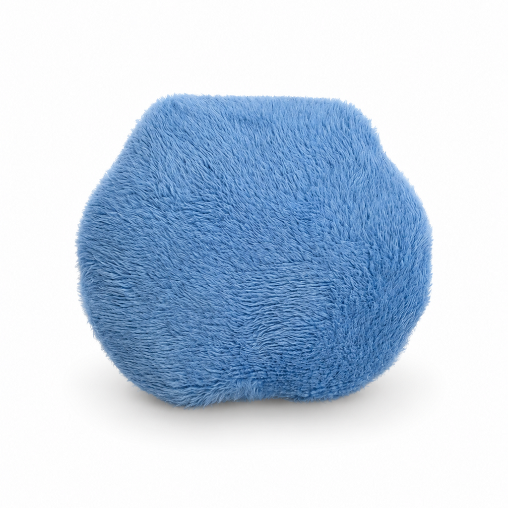 A round, plush blue pouf or cushion with a soft, high-pile textured fabric, shown on a clean white background.