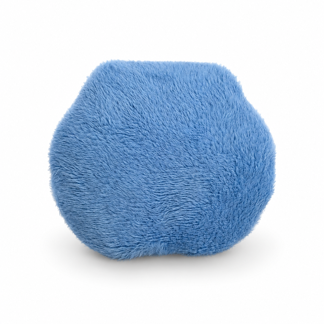 A round, plush blue pouf or cushion with a soft, high-pile textured fabric, shown on a clean white background.