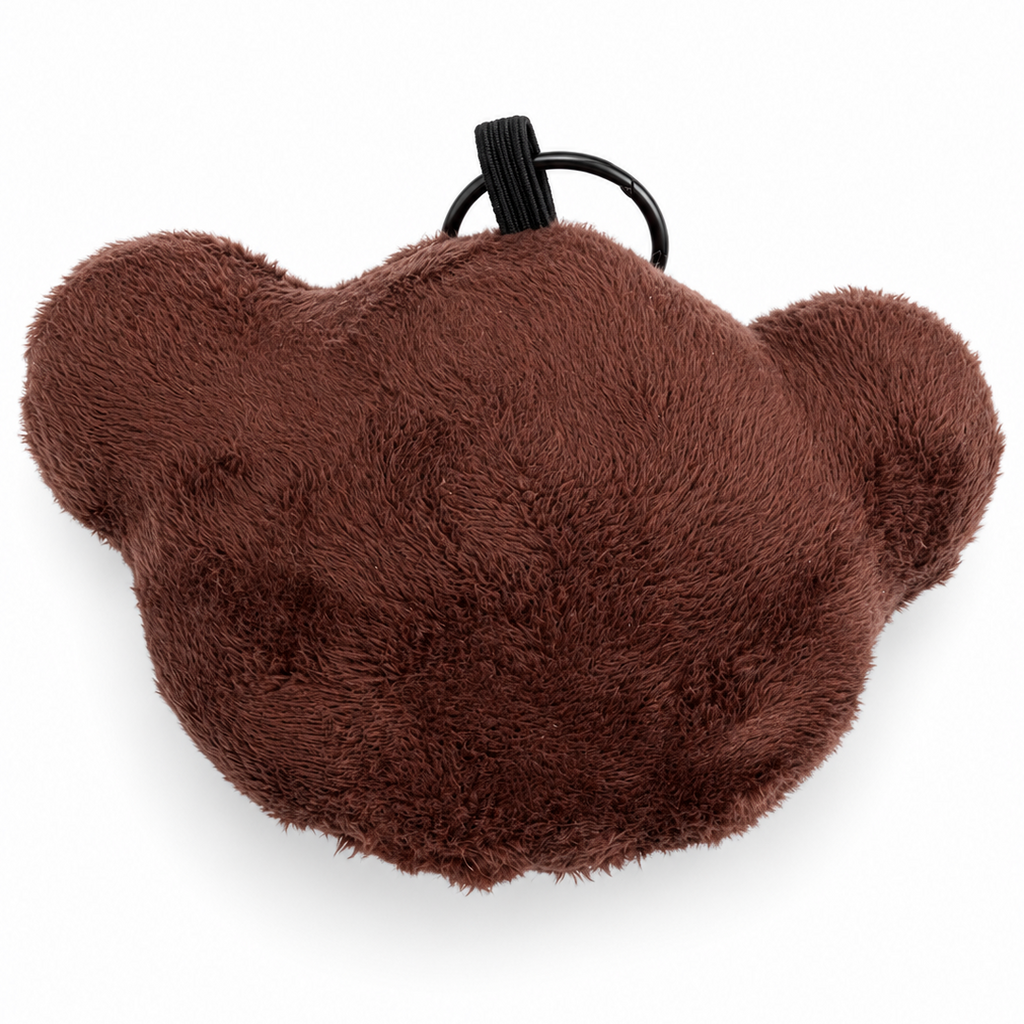 A brown plush monkey-shaped keychain or bag charm with a black metal key ring, shown against a plain white background.