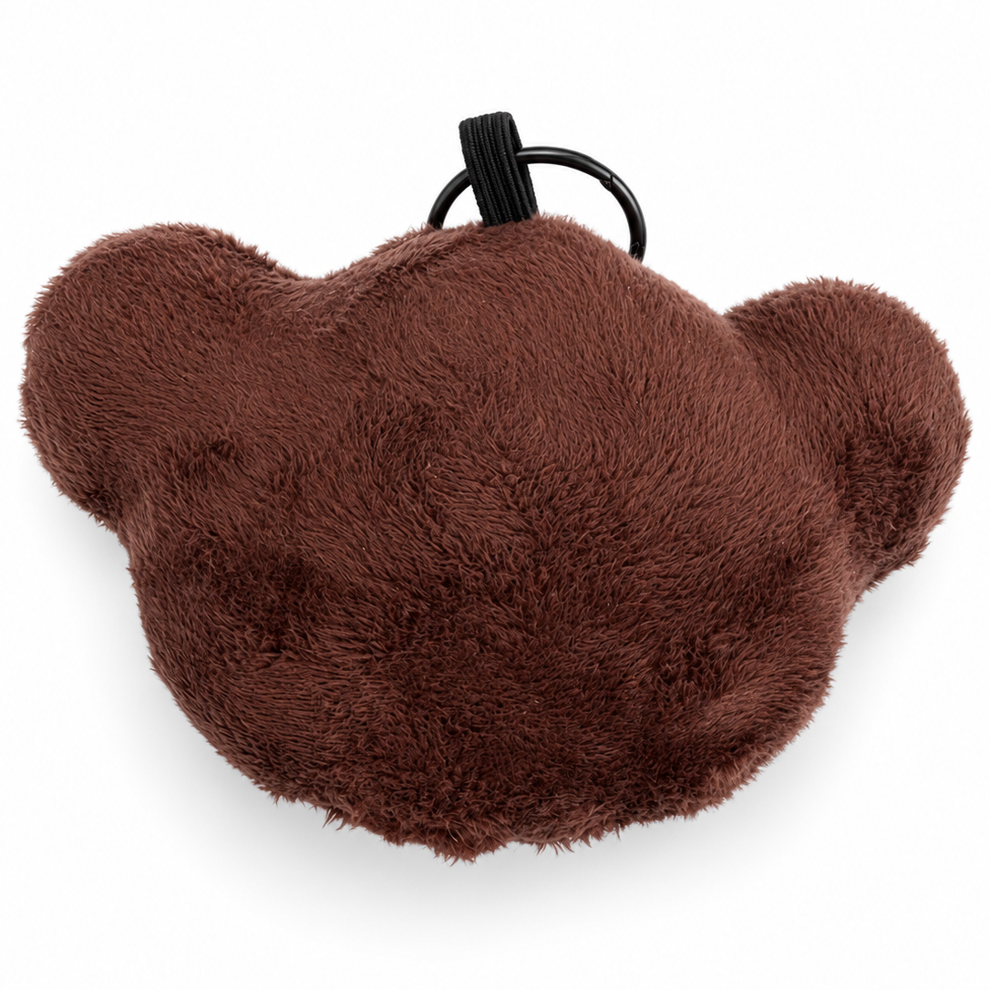 A brown plush monkey-shaped keychain or bag charm with a black metal key ring, shown against a plain white background.
