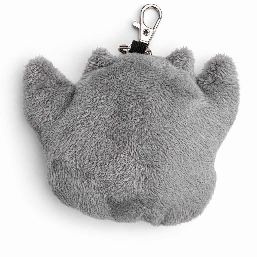A gray plush keychain shaped like a gargoyle  featuring a silver metal lobster clasp, shown on a plain white background.