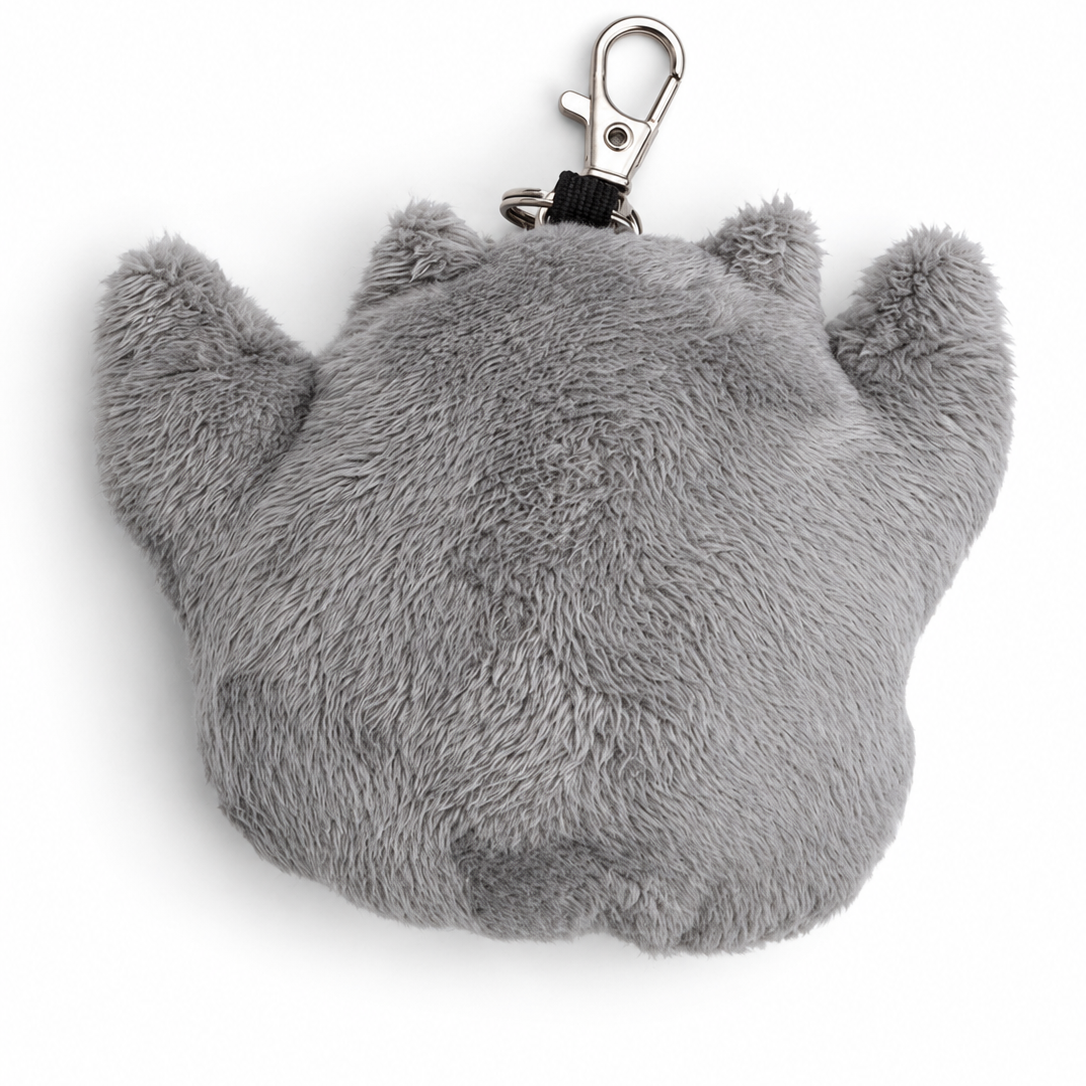 A gray plush keychain shaped like a gargoyle  featuring a silver metal lobster clasp, shown on a plain white background.