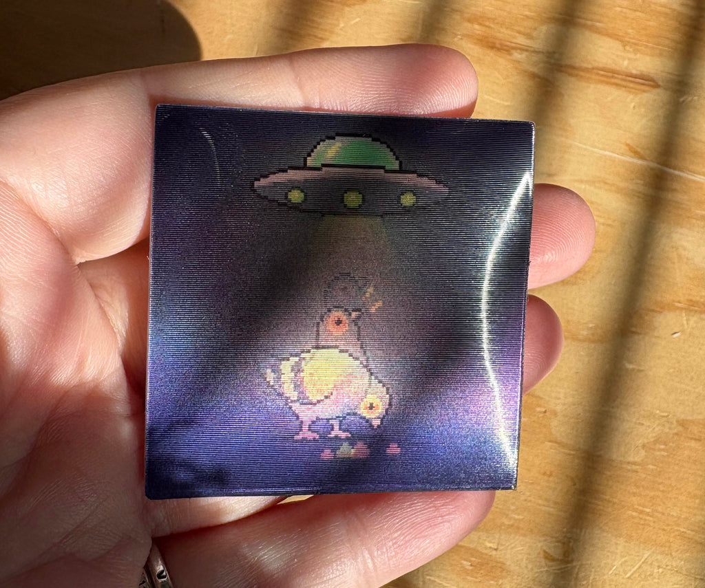 UFO Pigeon Lenticular Sticker – Animated Alien Abduction