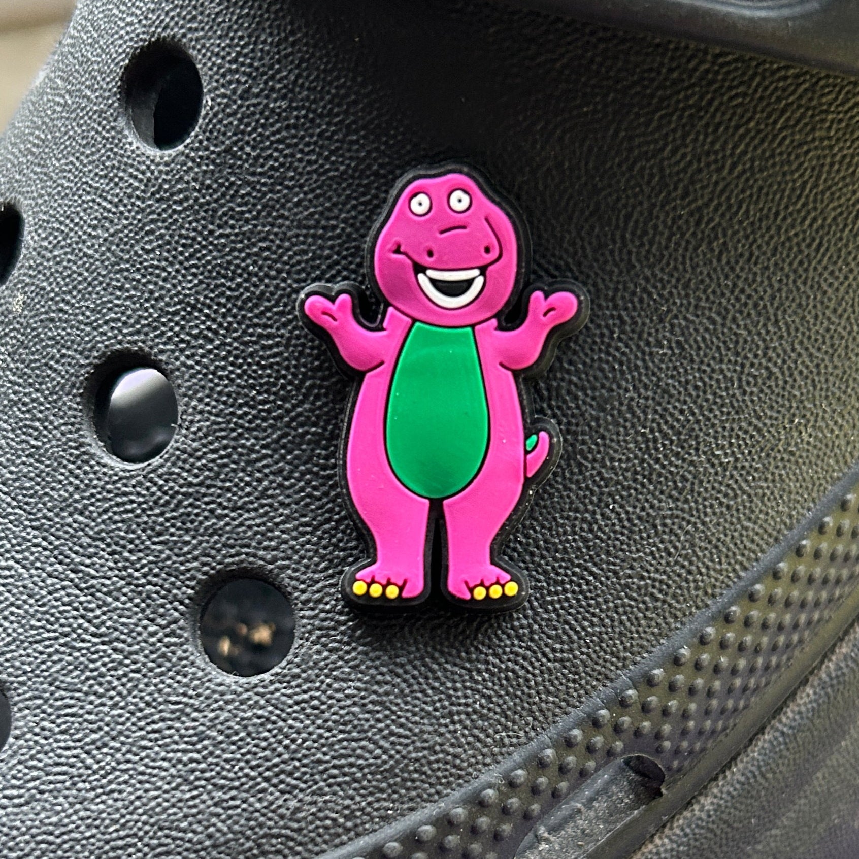 Famous American Purple Dinosaur croc like shoe charm. Modelled on a black croc charm. 