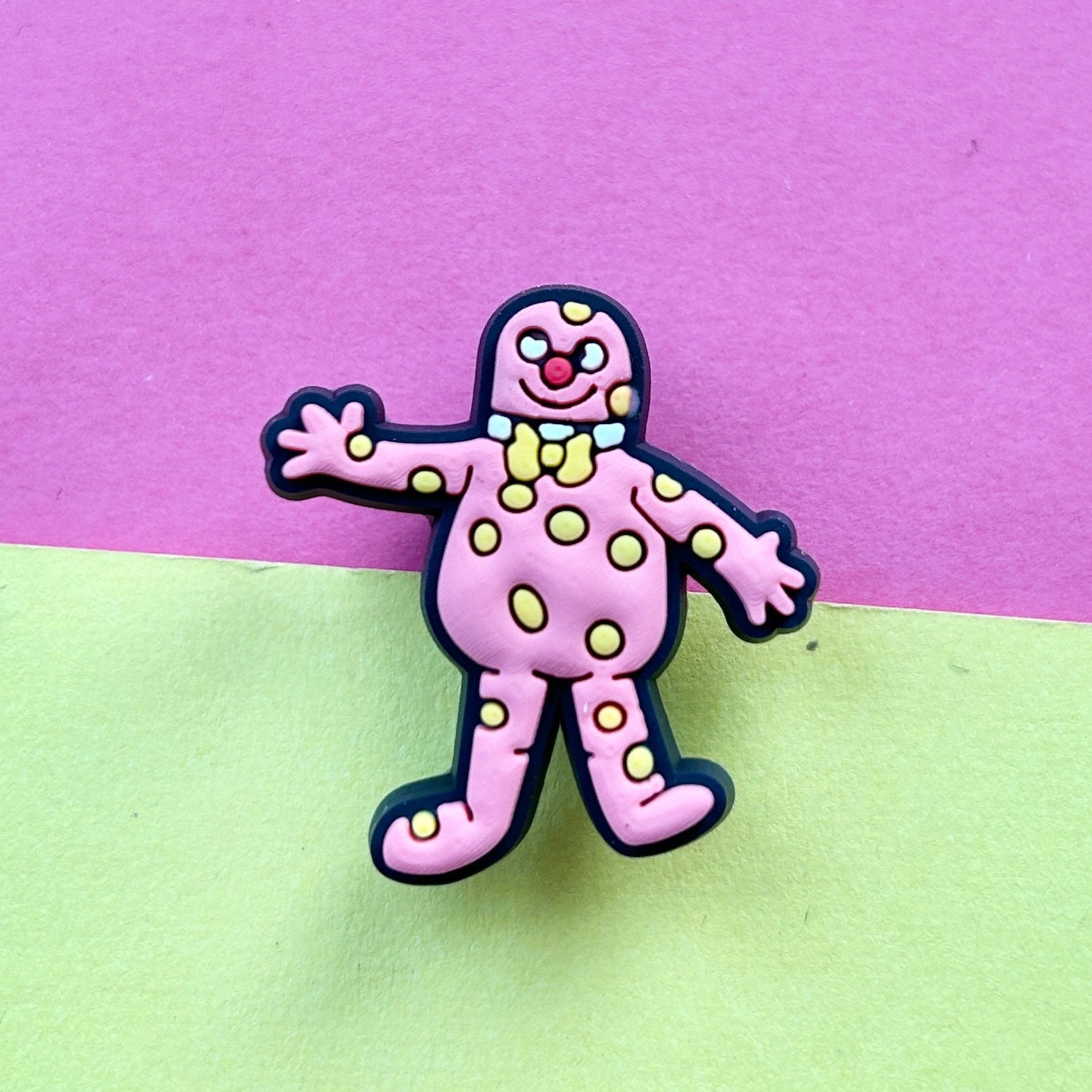 Pink Mr Blobby 90's croc like shoe charm.