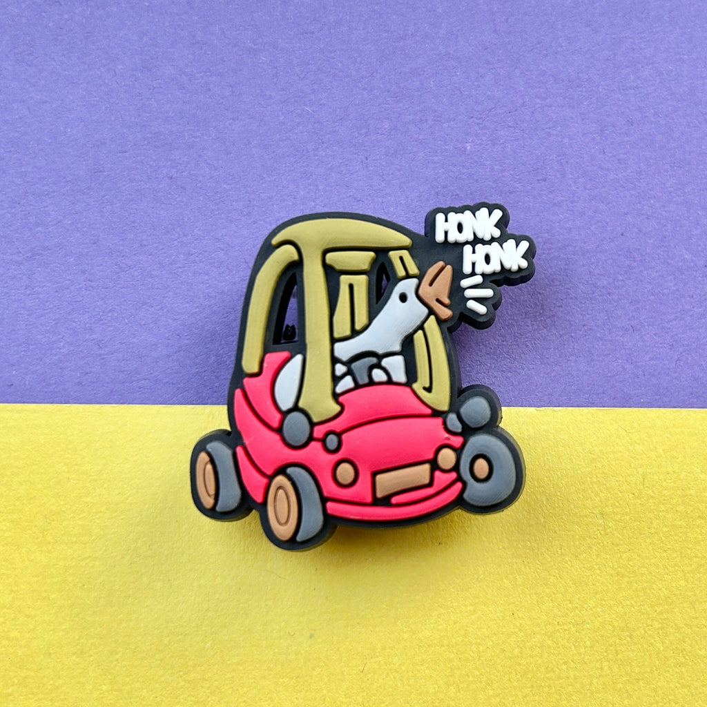 Honk Honk Goose in a Toy Car PVC shoe charm for clogs.