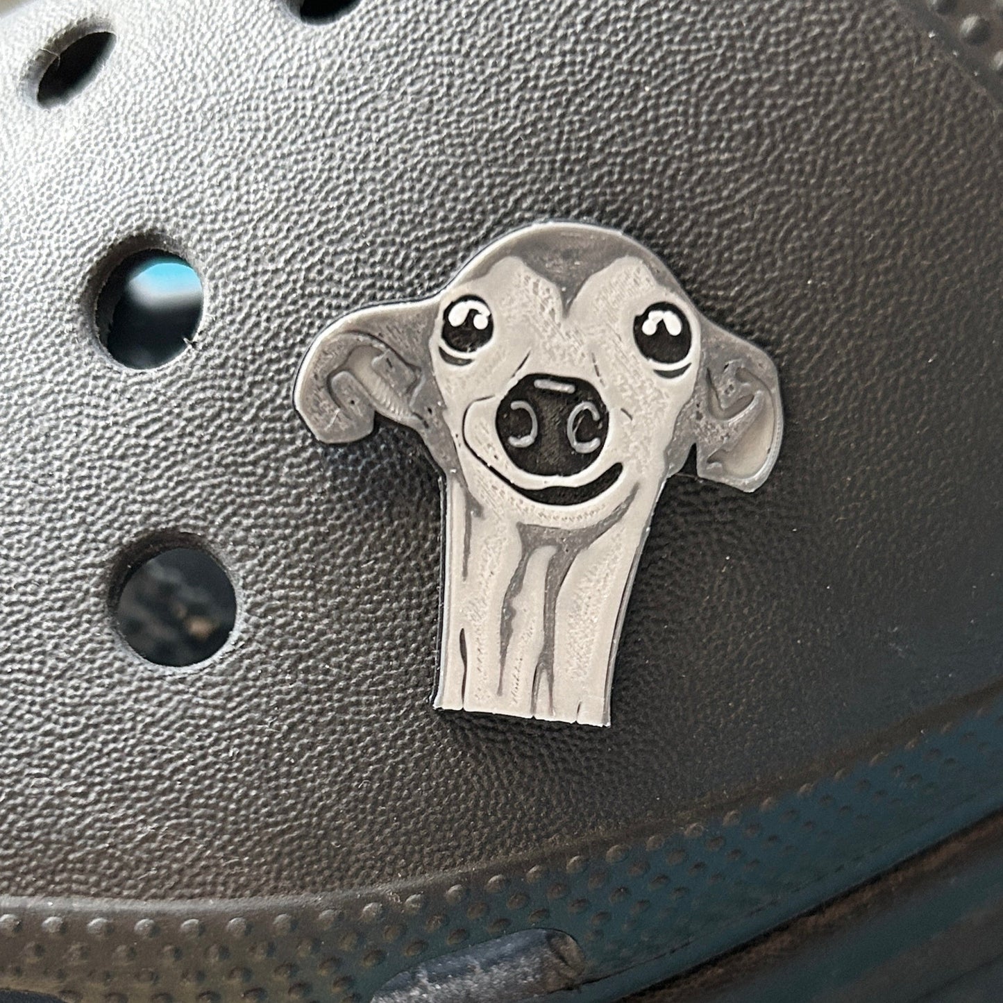 Handmade 3D Printed Italian Greyhound Dog croc like shoe charm. Grey. Modelled on a black croc shoe. 