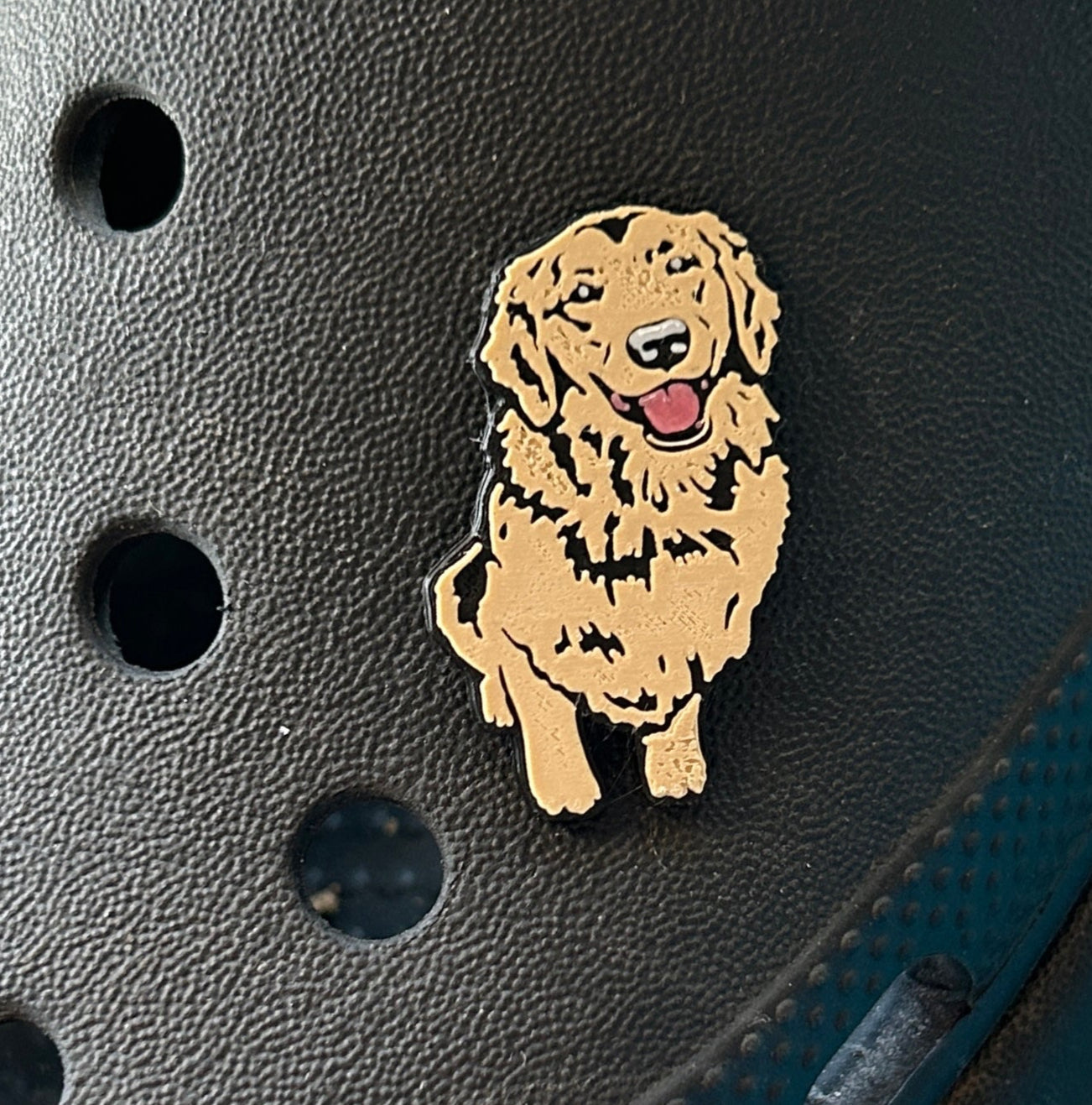 Handmade 3D Printed Labrador Dog croc shoe charm. Shown on a black croc shoe. 