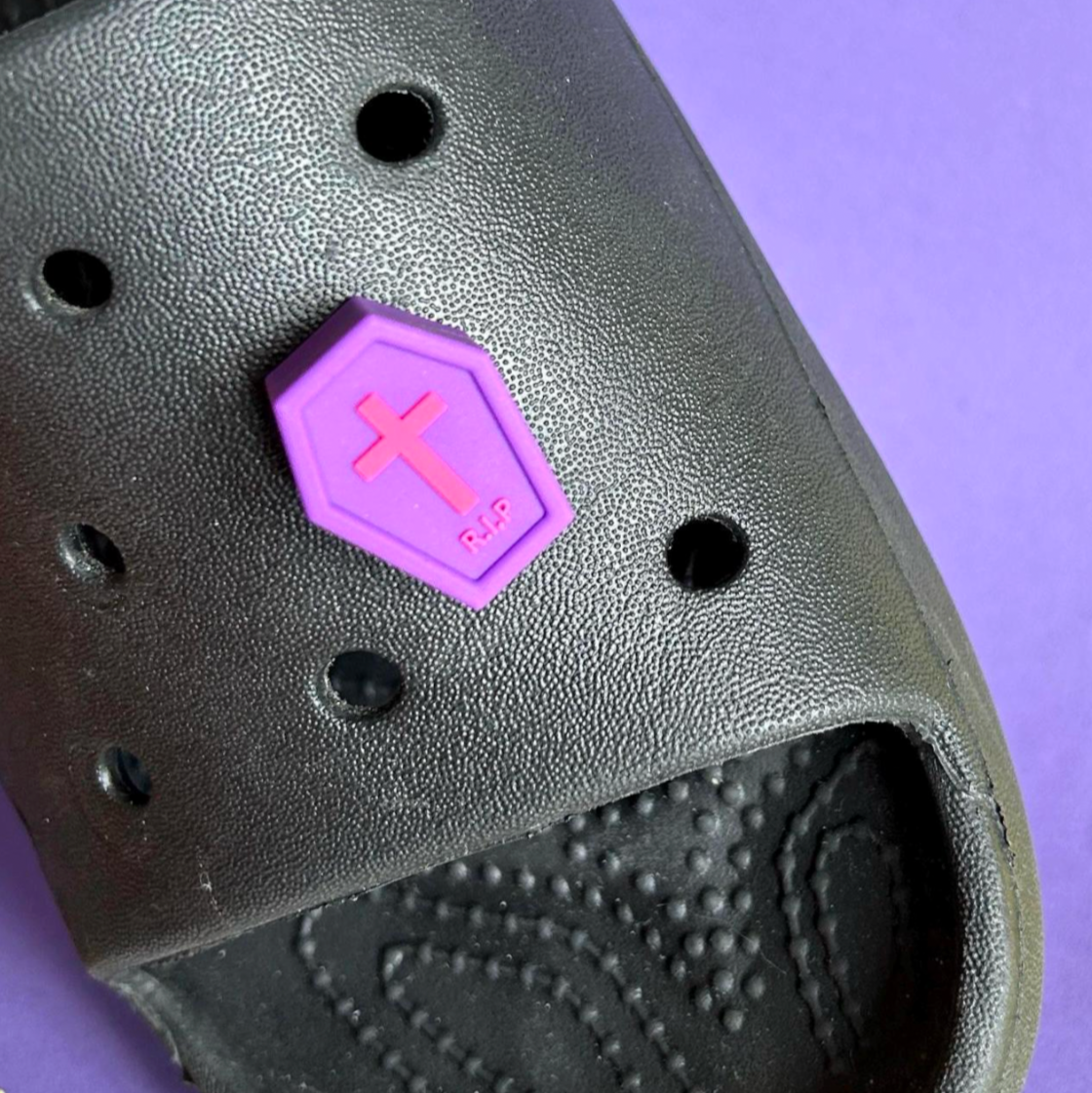 Purple 3D coffin shoe charm for crocs. Top view. 