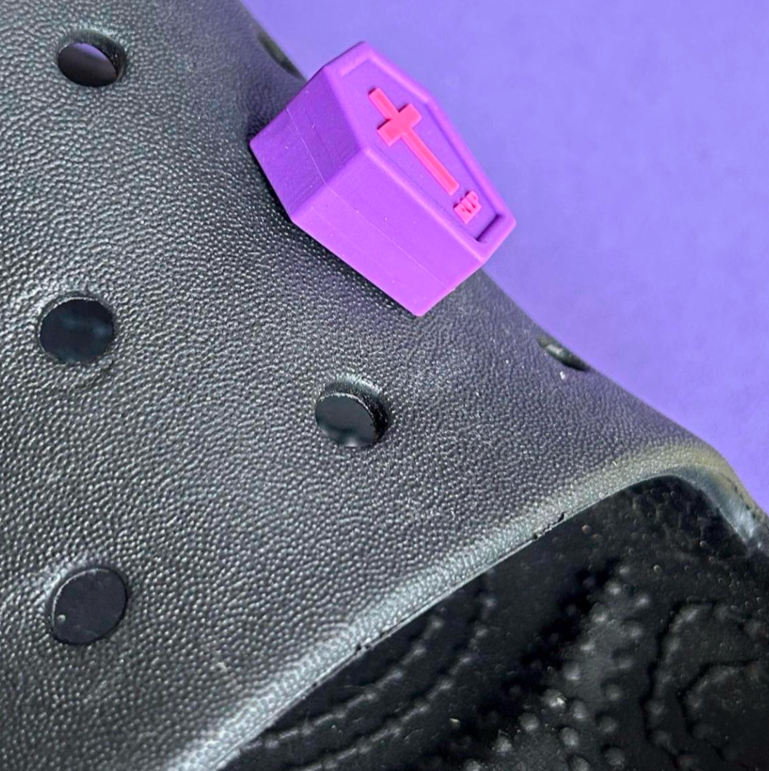 Purple 3D coffin shoe charm for crocs.  Modelled on a shoe.