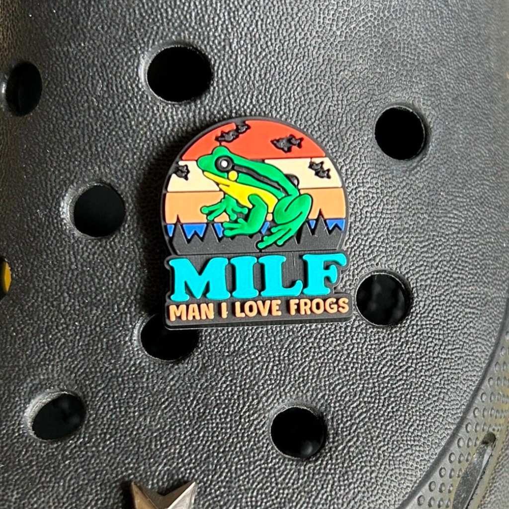 Funny MILF croc like shoe charm. Shown on a black croc shoe. 