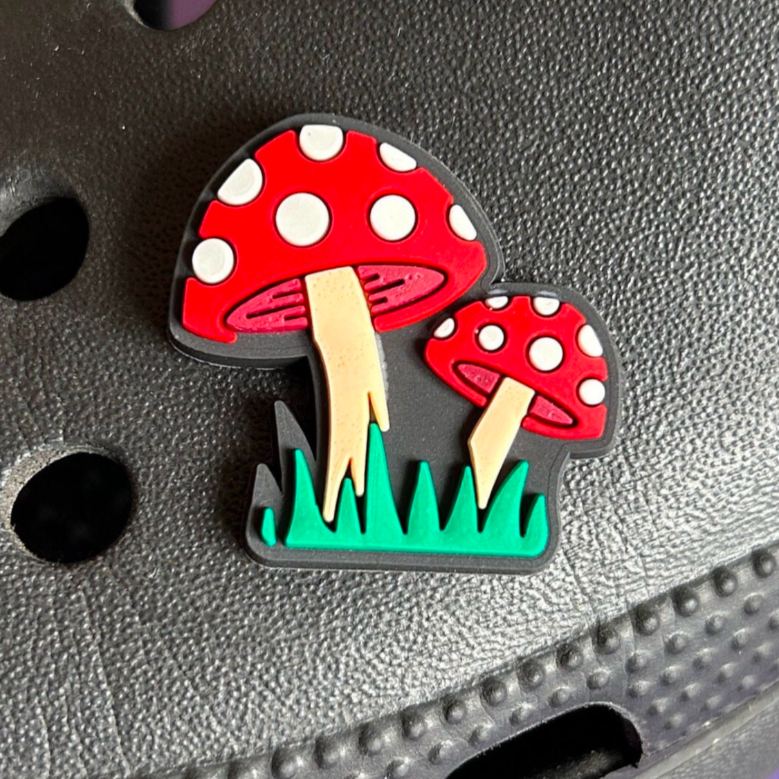 Red and white spotty double Mushrooms croc like shoe charm.