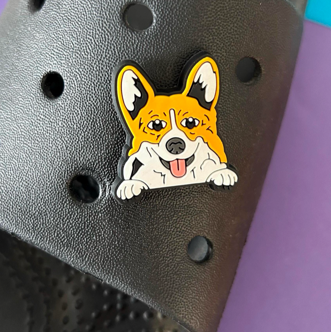 Corgi Dog croc like shoe charm. Shown on a black croc shoe.