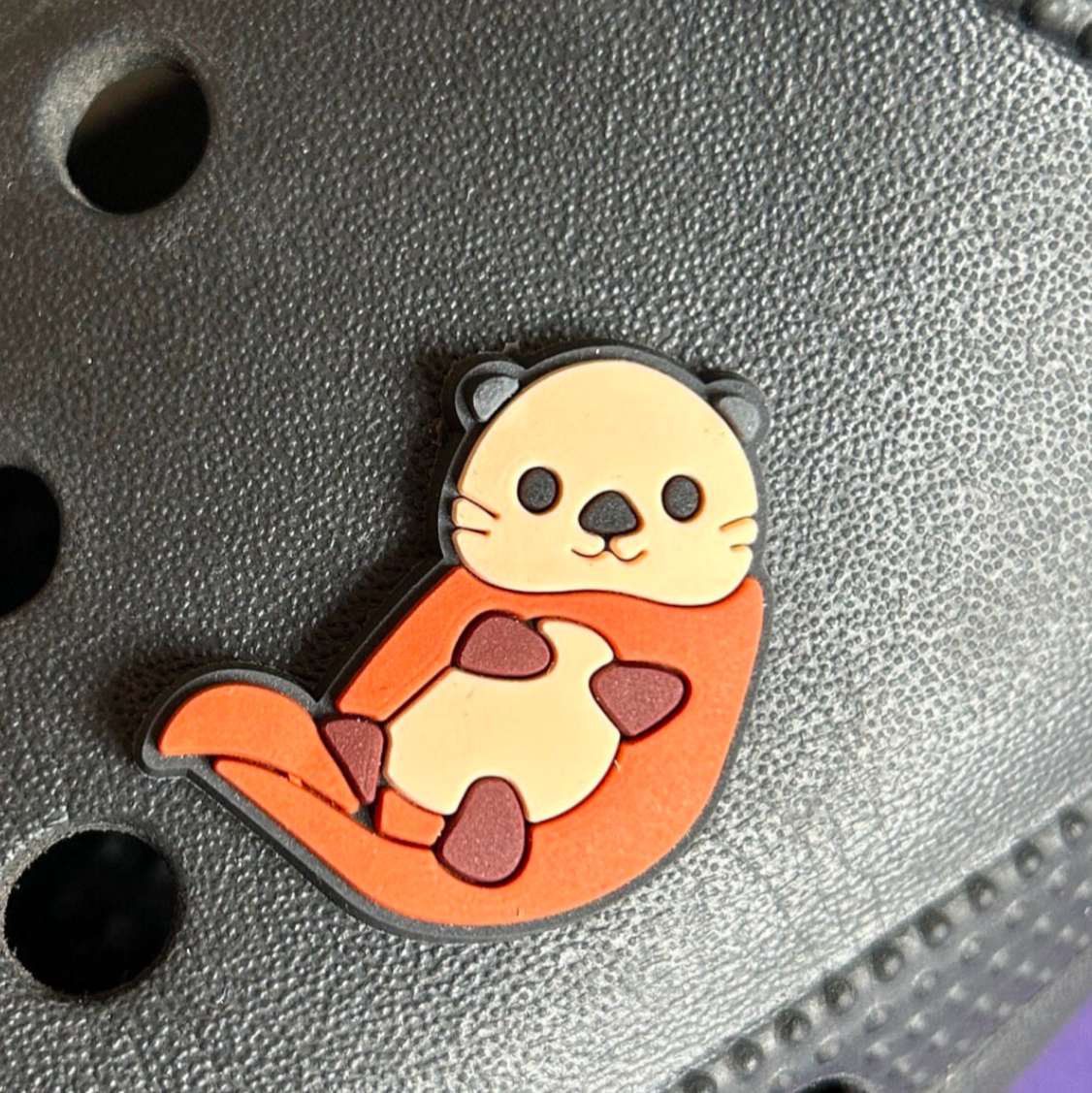 Cute Otter croc like shoe charm. Shown on a black croc shoe. 