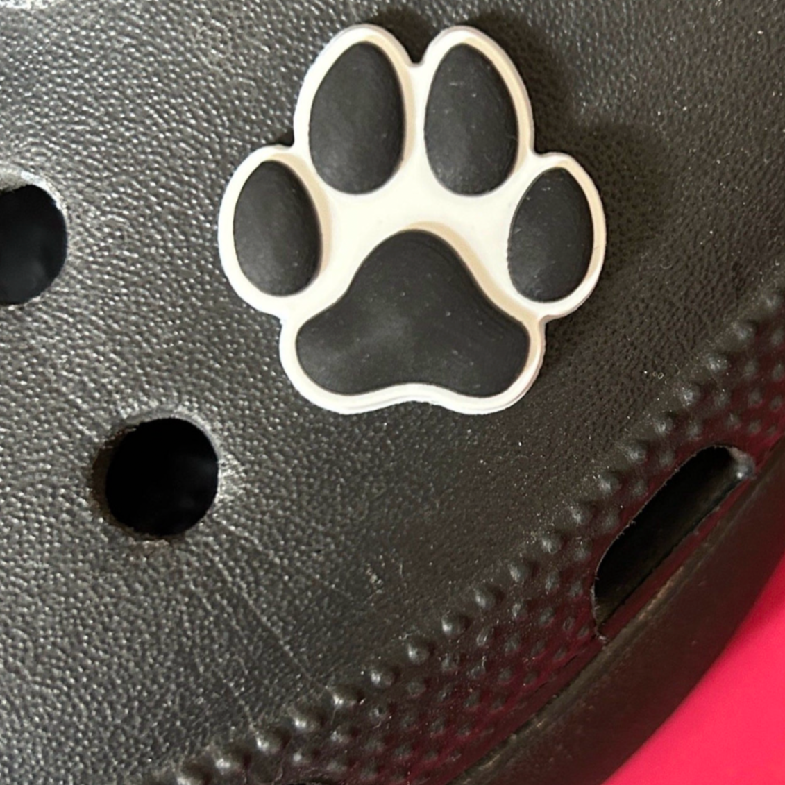 Black and white dog Paw Print croc like shoe charm. Shown on a black croc shoe.