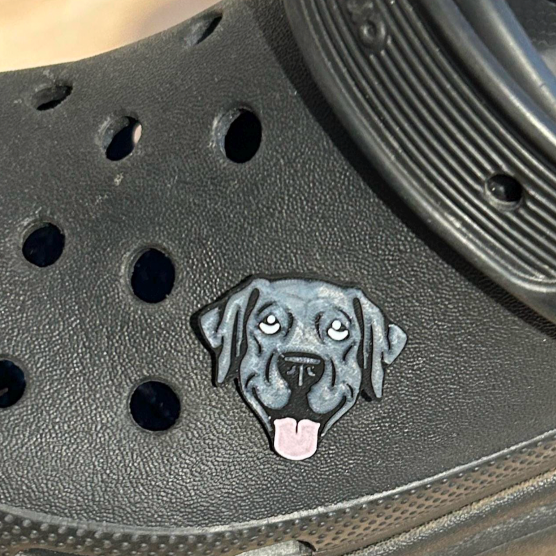 Handmade 3D Printed Black Labrador Dog, croc like shoe charm. Shown on a black croc shoe.  