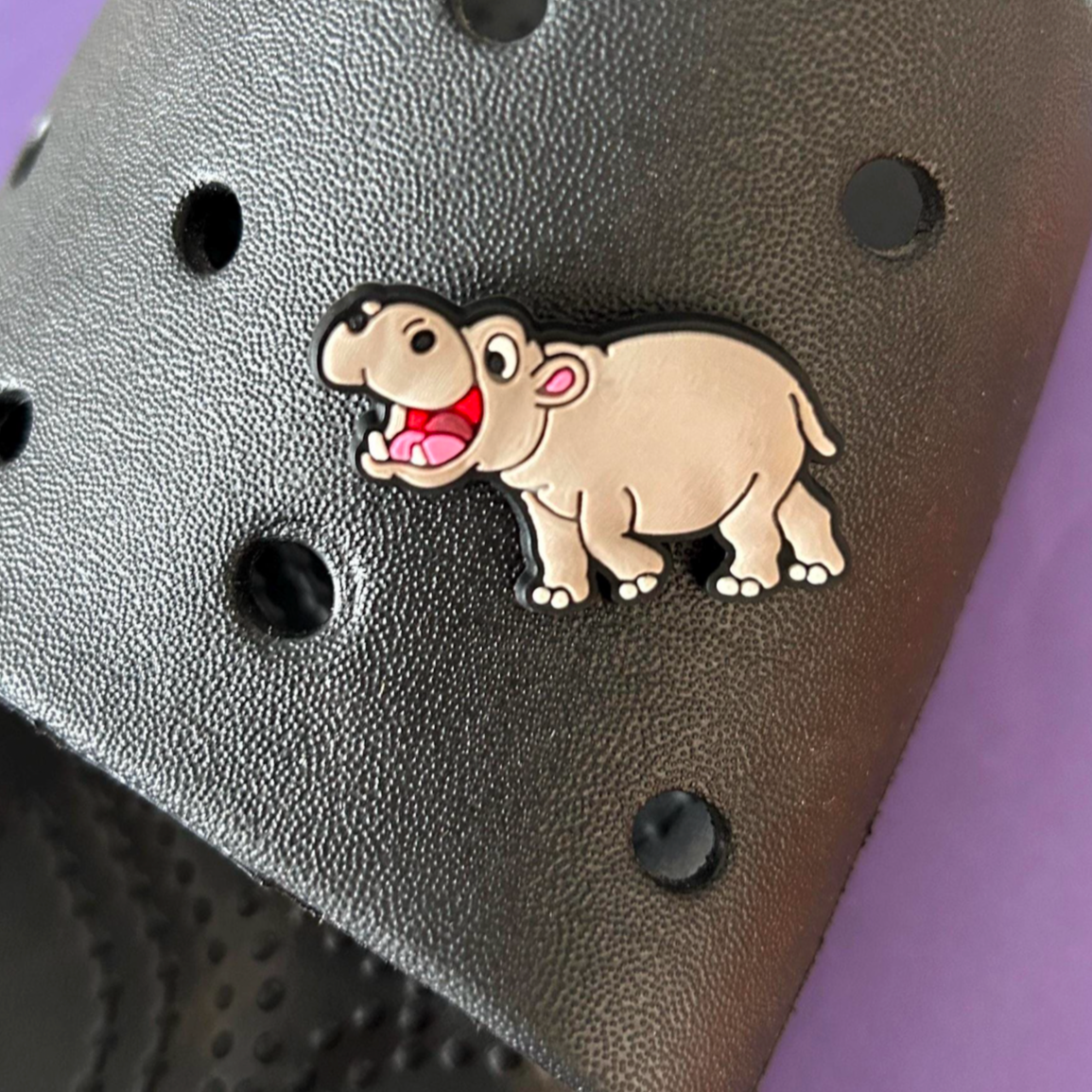 Hippo croc like shoe charm. Shown on a black croc shoe.