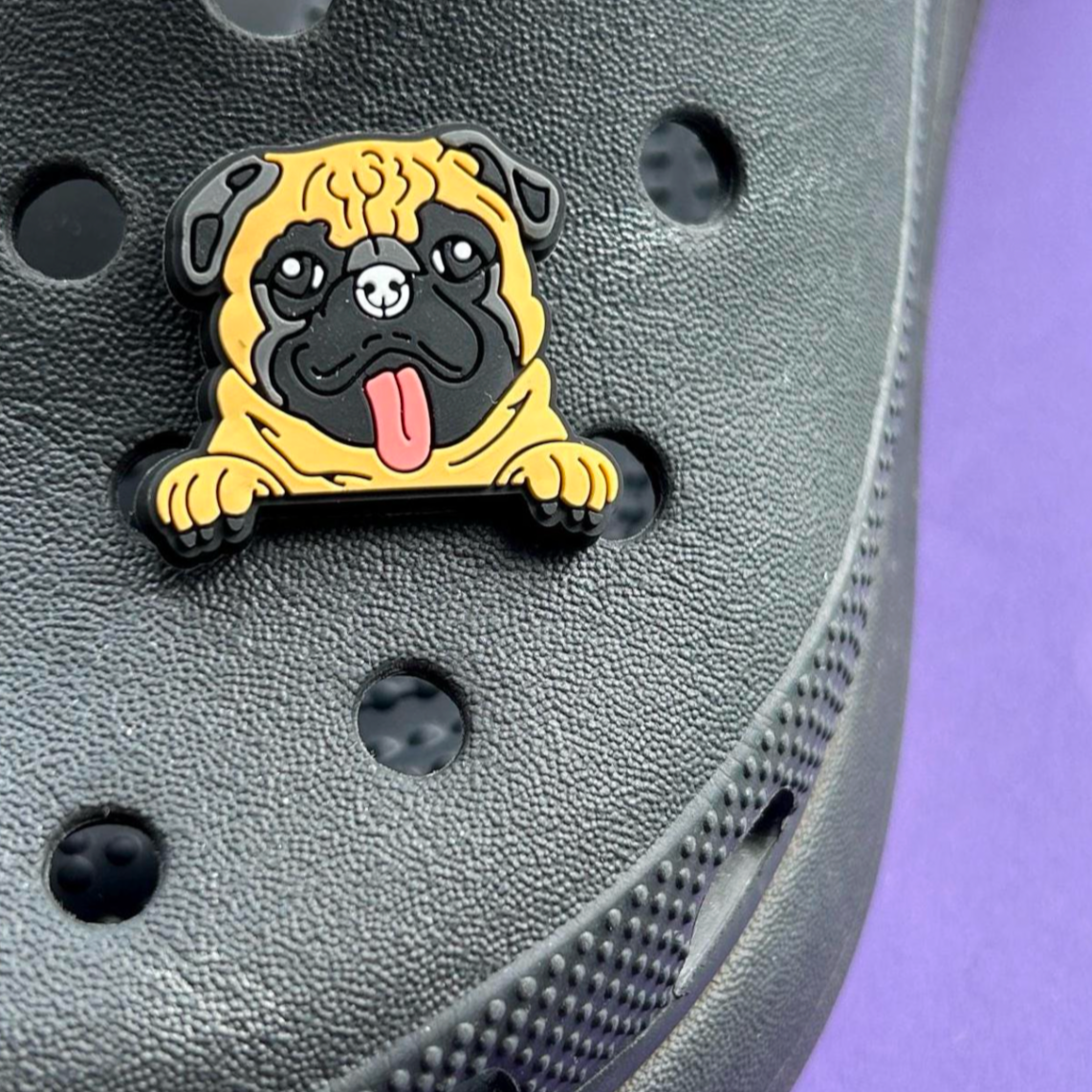 Pug Dog Face croc like shoe charm. Shown on a black croc shoe. 