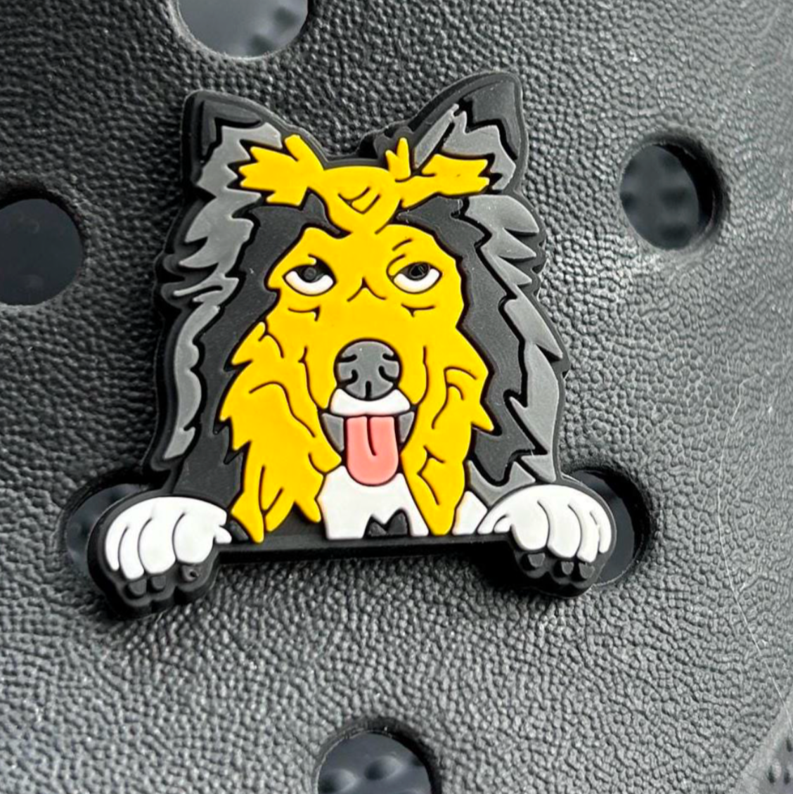 Shetland Sheepdog - Shelty croc like shoe charm. Shown on a black croc shoe. 