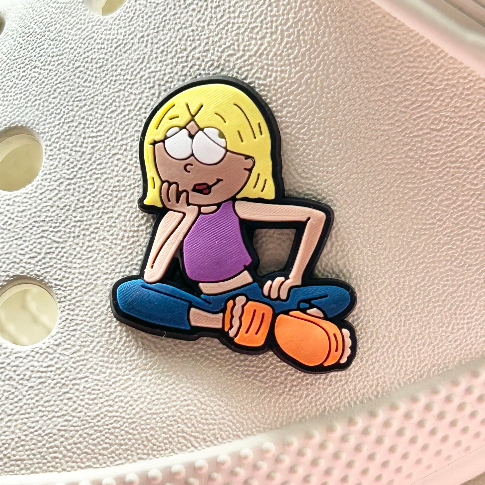 Lizzie McGuire 00's croc like shoe charm. Shown on a cream croc shoe.