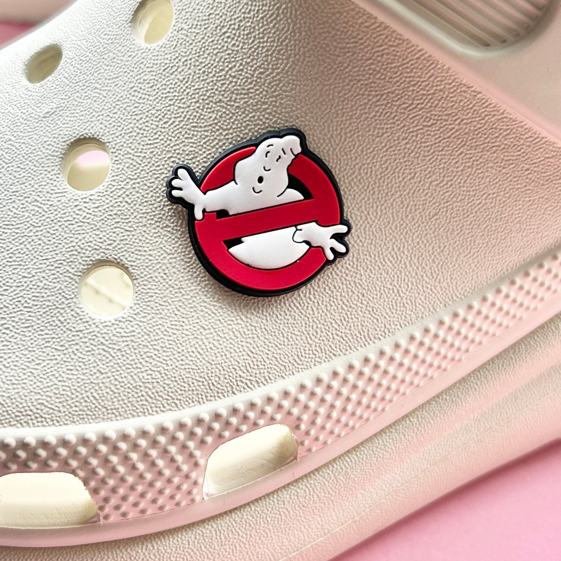 Retro Ghost croc like shoe charm. Shown on a cream croc shoe. 