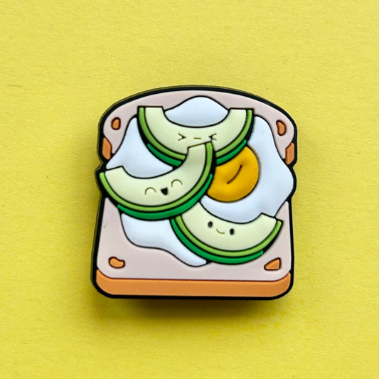 Smiley Avocado and Egg on toast croc like shoe charm. Green, white and beige. 