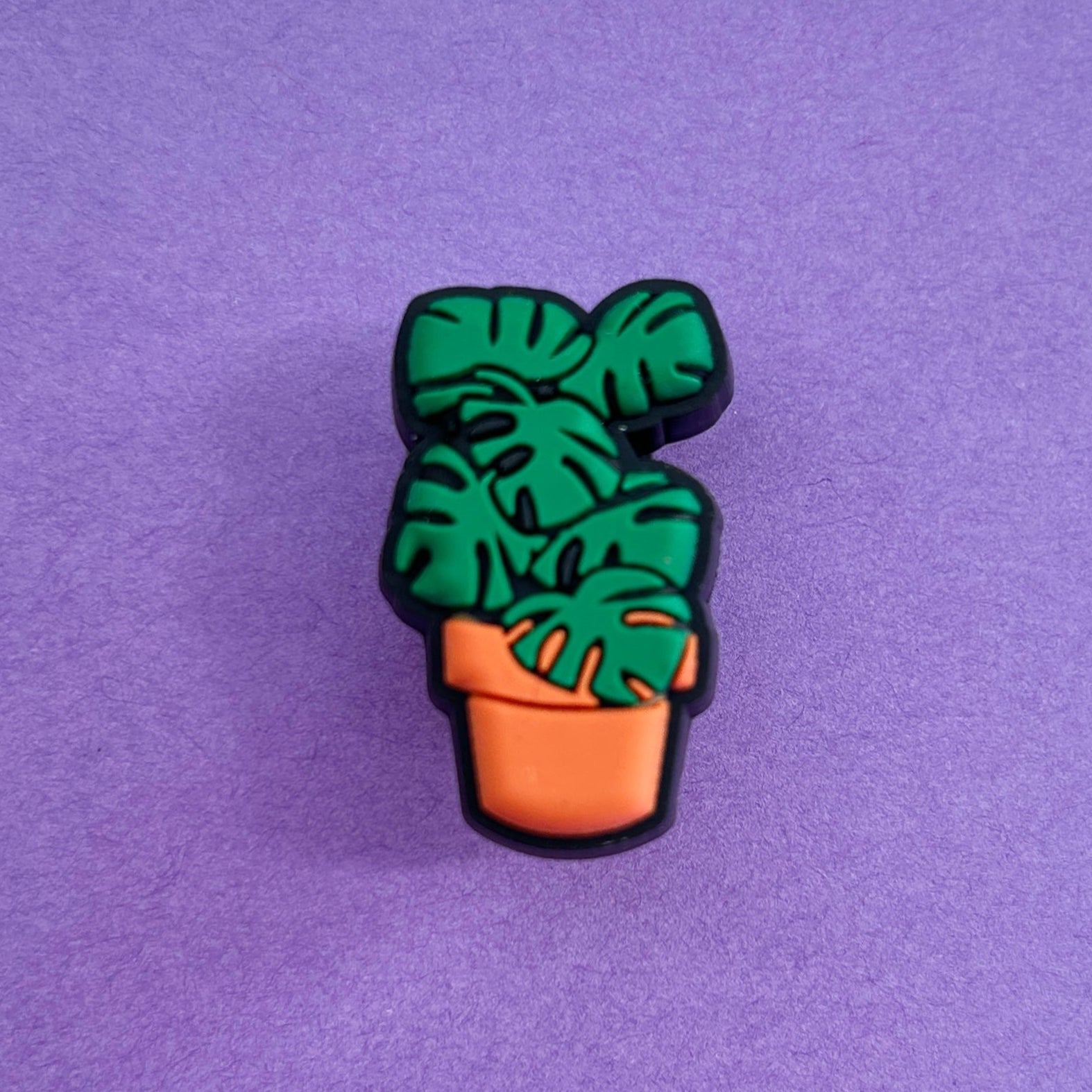 Monstera plant Croc shoe charm. Green plant in an orange pot. 