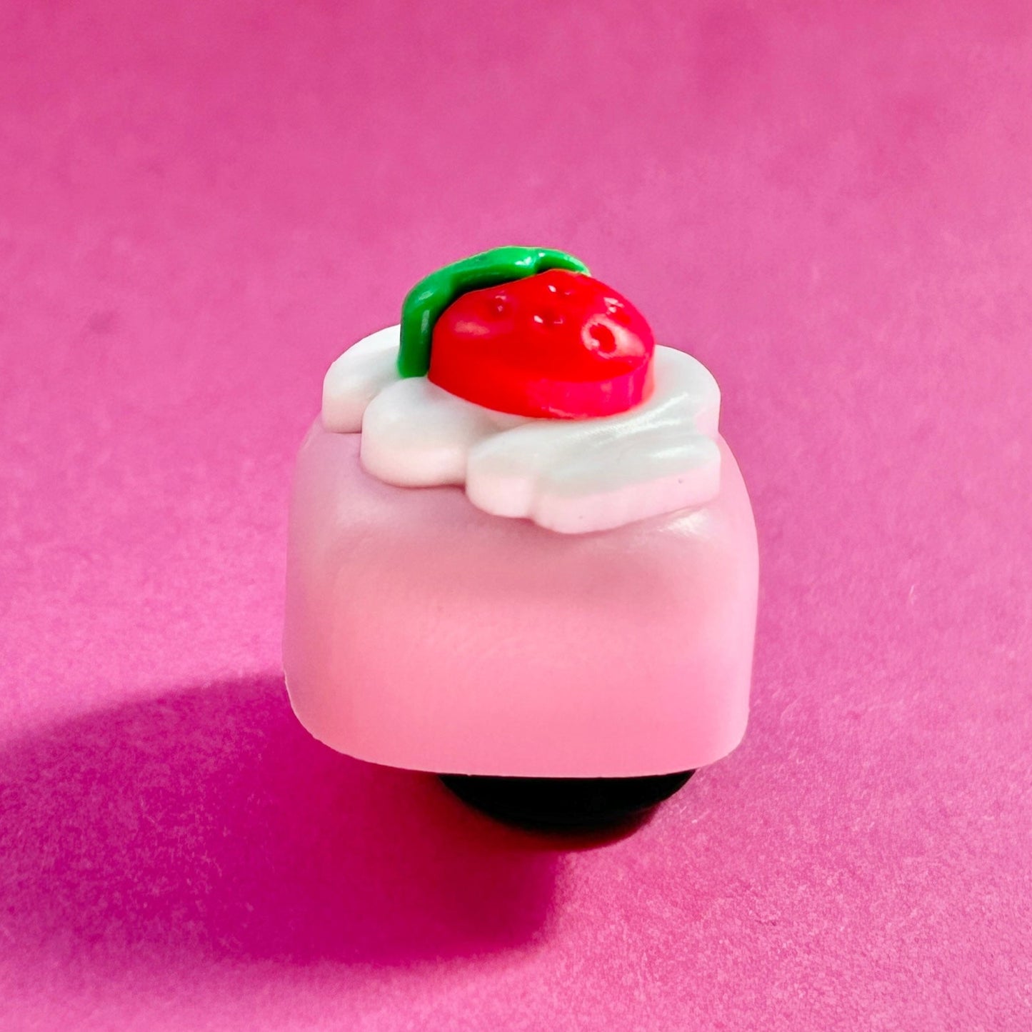 3D Strawberry Cake croc shoe charm. Pink and white.