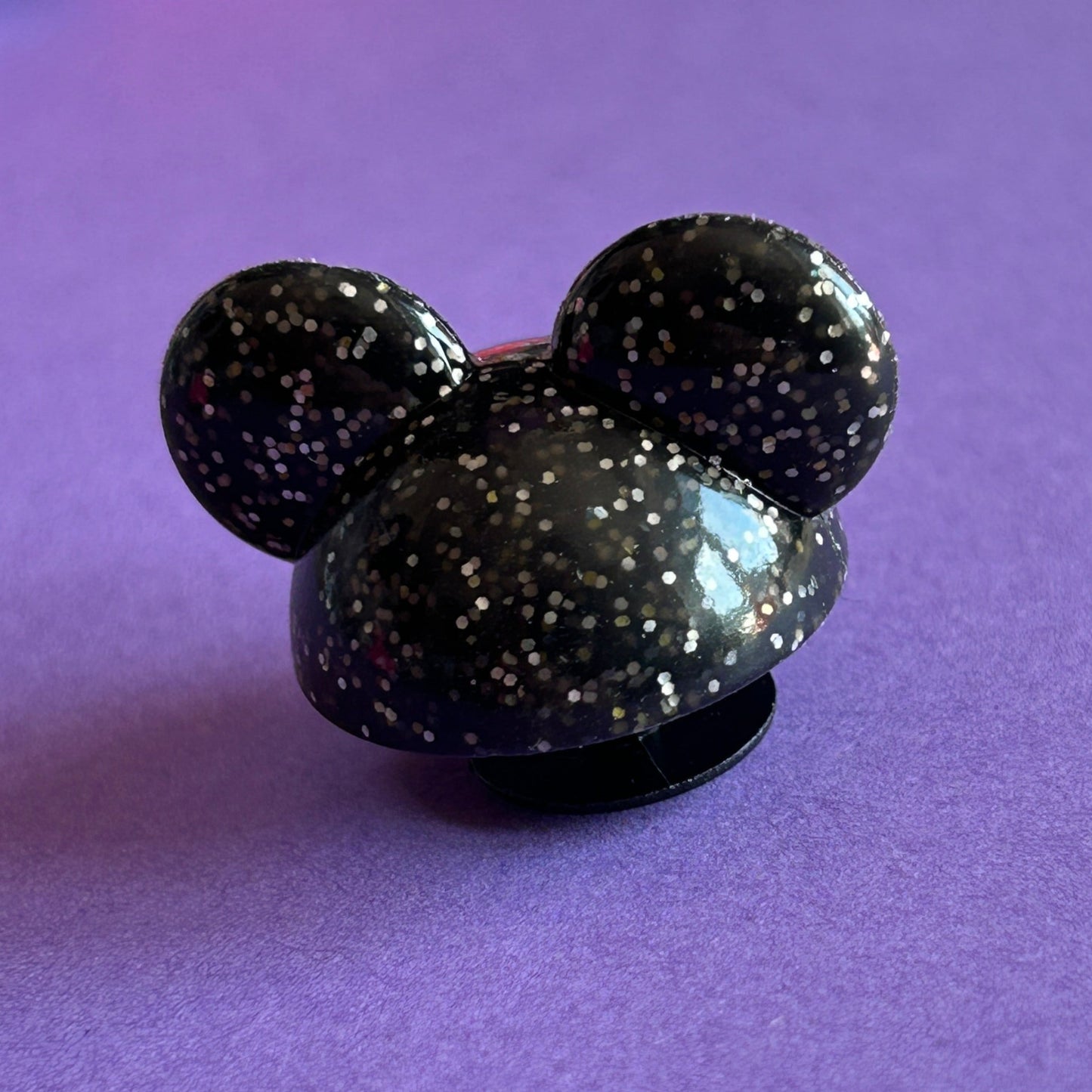 3D Glitter mouse ears croc charm. Black Glitter.
