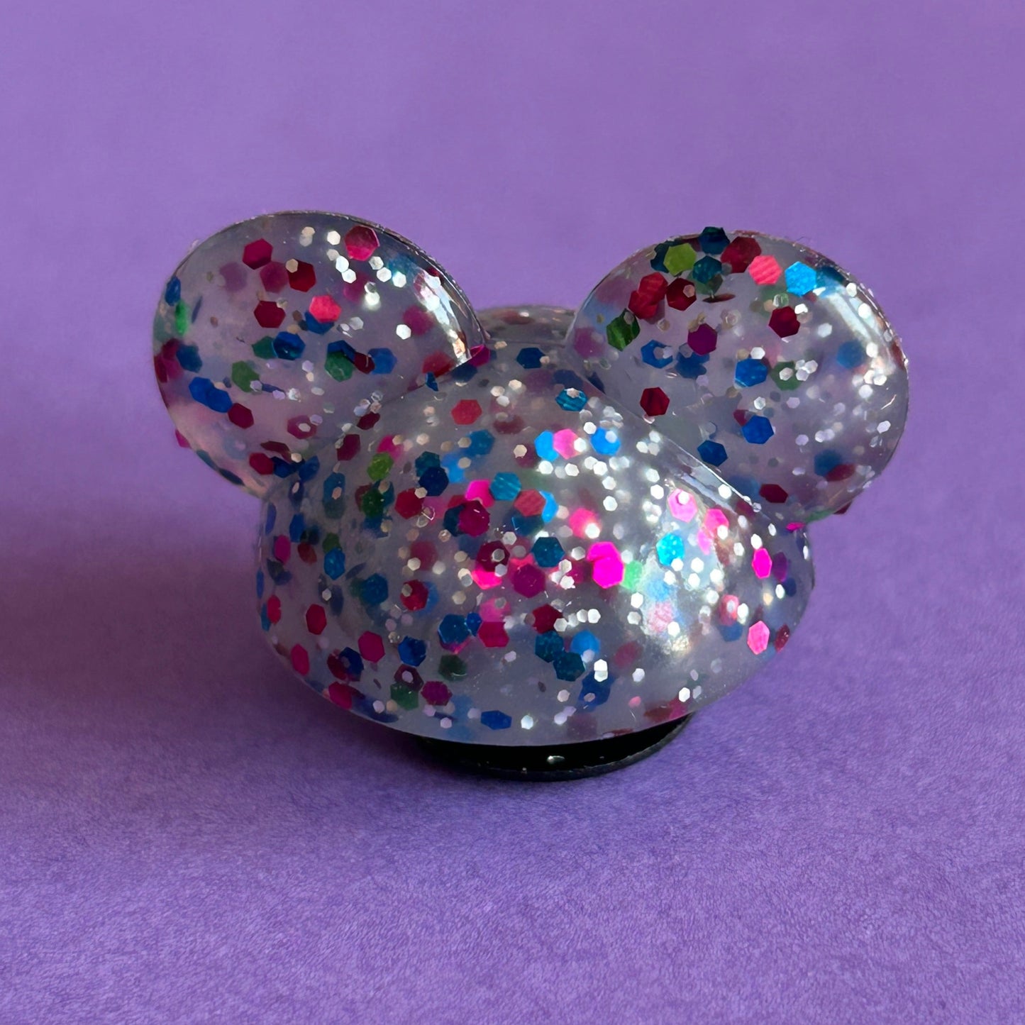 3D Glitter mouse ears croc charm. Grey Multi Glitter.