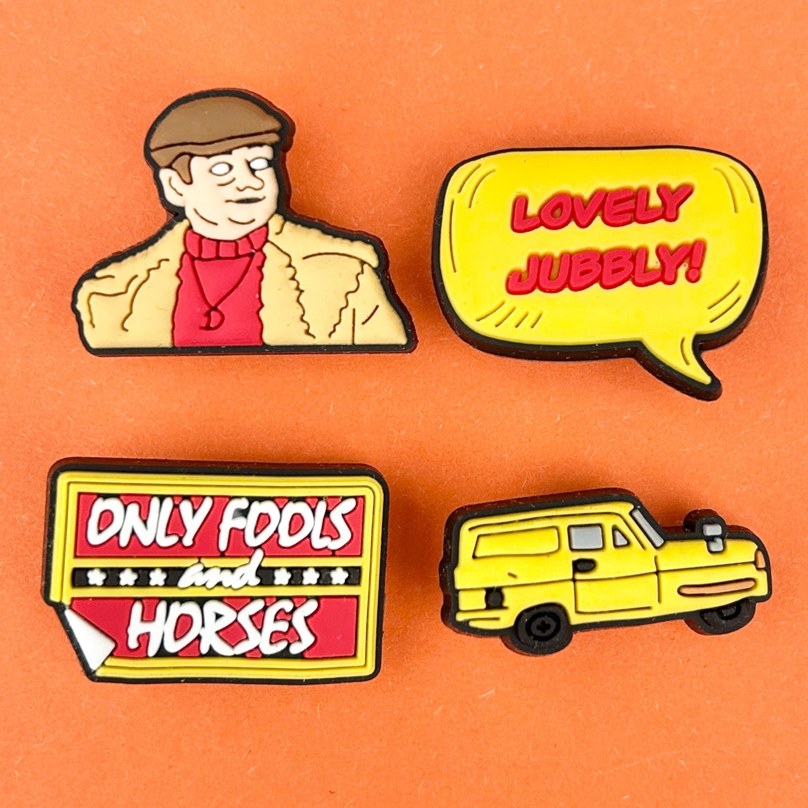 80s Sitcom charms. Lovely jubbly. Robin reliant. Only Fools. Del. Yellow colour croc charms. 