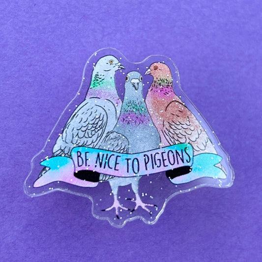 Be Nice to Pigeons glitter plastic shoe charm for clogs.