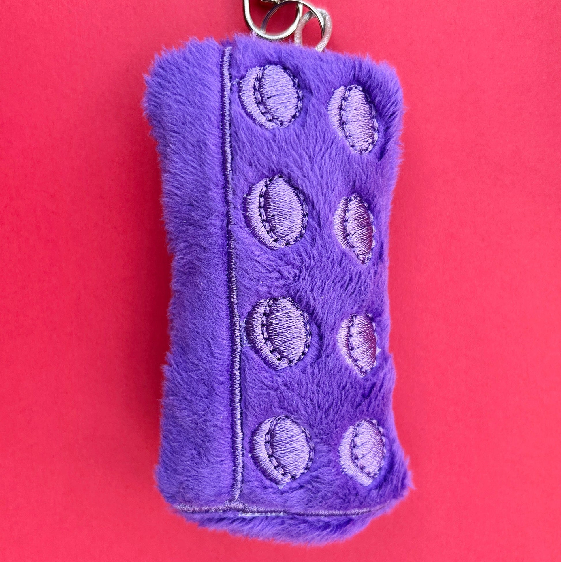 Soft plush brick keychain handmade accessory. Purple.