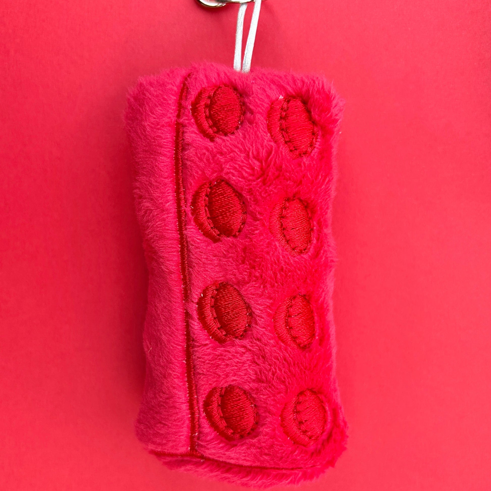 Soft plush brick keychain handmade accessory. Red.
