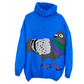Blue knitted sweater with a pigeon design on a white background