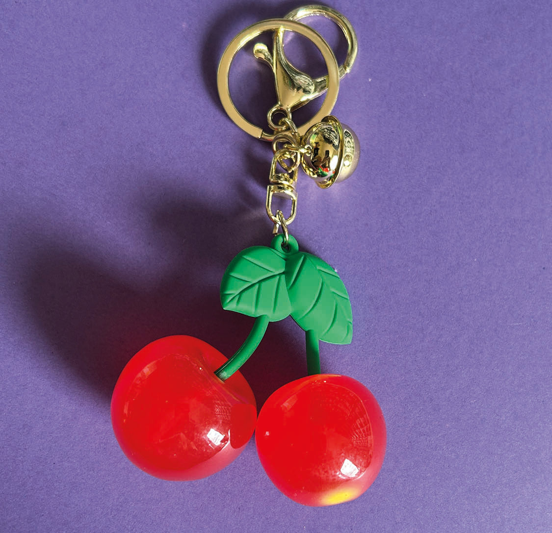 Red and green Cherry Keyring - Bag Charm. Gold plated metal chain and clasp. 