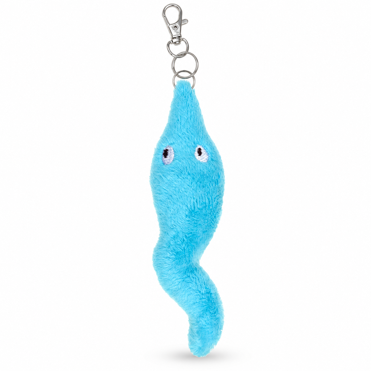 A light blue plush keychain shaped like a wavy, elongated creature with embroidered eyes, attached to a silver metal clasp and ring, shown on a plain white background.
