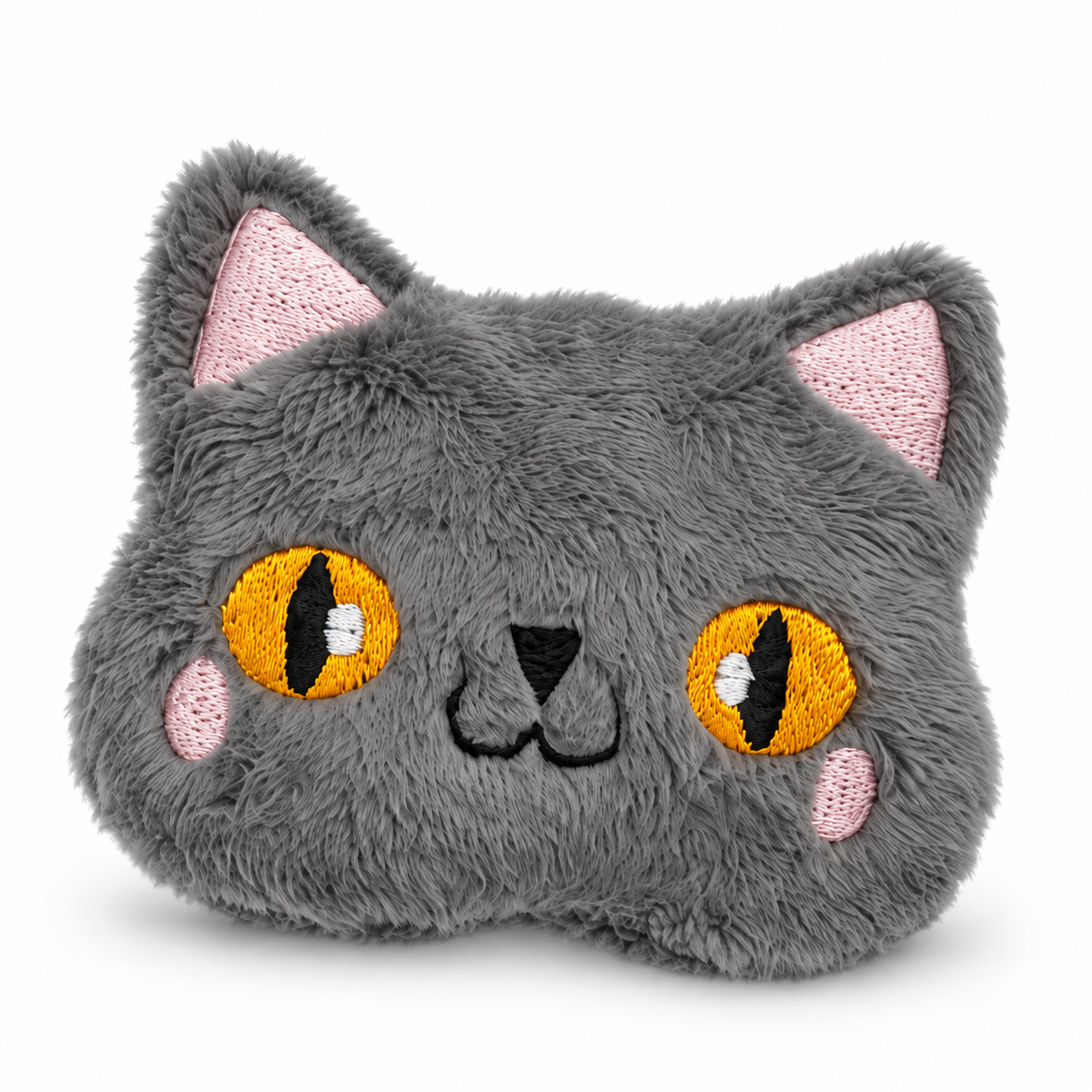 A gray plush cat face pillow with embroidered yellow eyes, pink inner ears and cheeks, and a black stitched nose and mouth, shown on a white background.