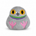A gray plush pigeon toy with embroidered yellow eyes, a gray beak, a green and purple stitched smile, and pink feet, shown on a clean white background.
