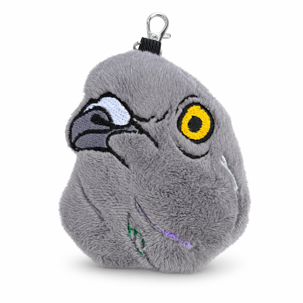 A plush pigeon keychain or coin purse featuring embroidered details, a silver metal clasp at the top, and a white background.