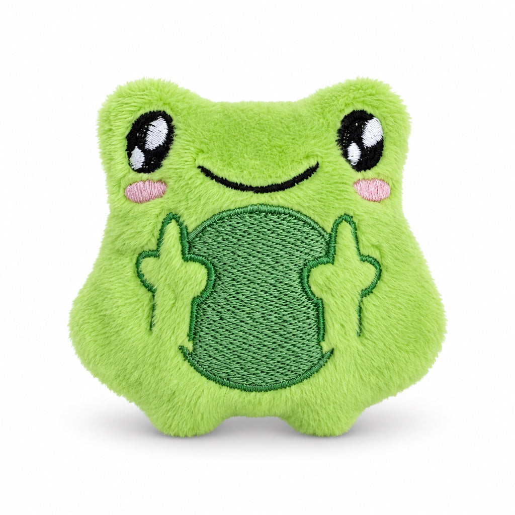 A bright green plush frog toy with embroidered facial features, pink cheeks, and raised green hands, shown on a clean white background.