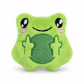 A bright green plush frog toy with embroidered facial features, pink cheeks, and raised green hands, shown on a clean white background.