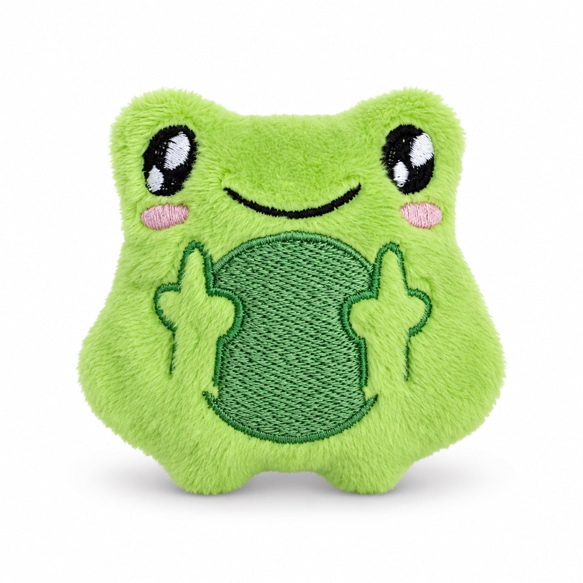 A bright green plush frog toy with embroidered facial features, pink cheeks, and raised green hands, shown on a clean white background.
