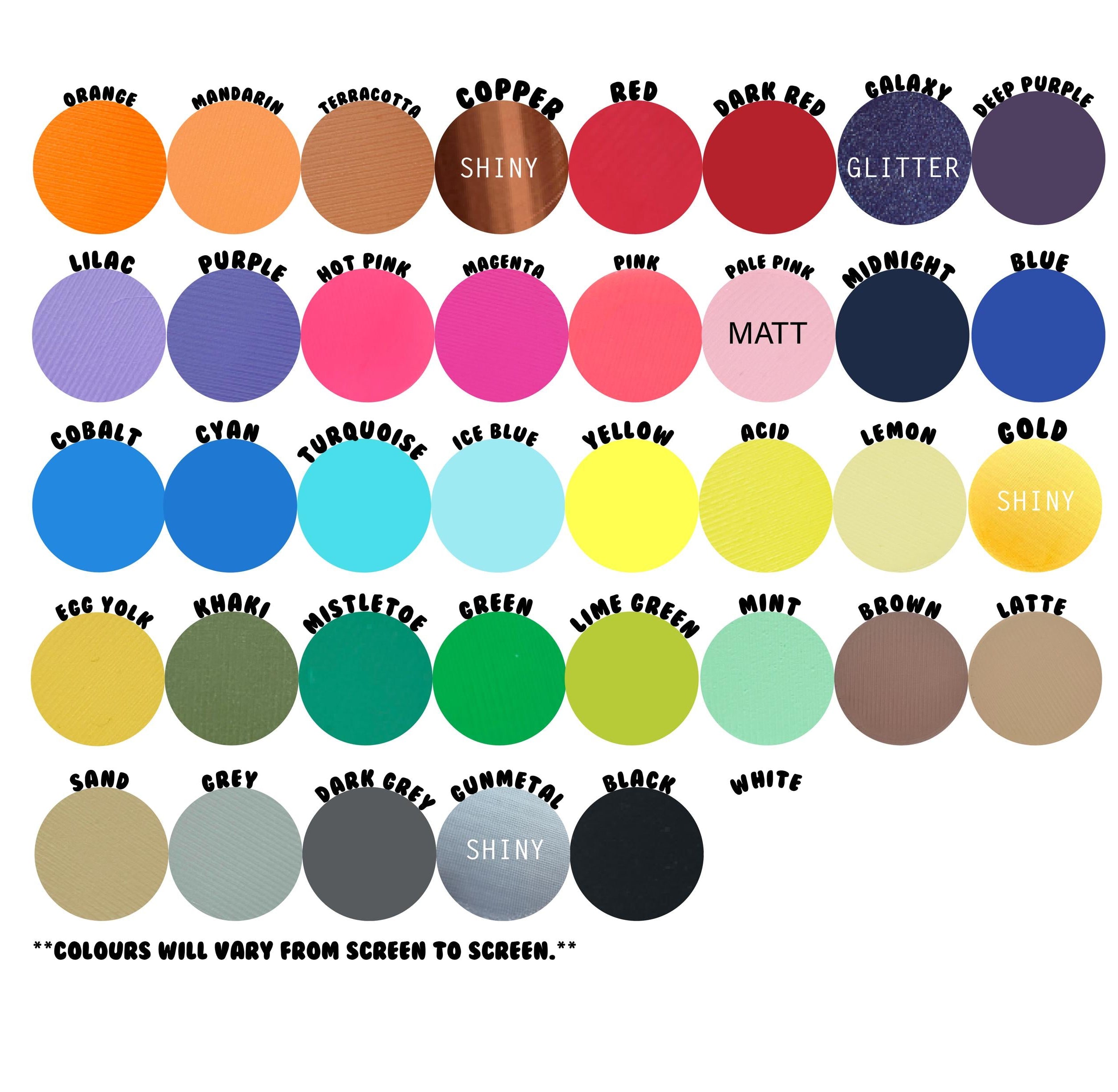 Color swatch chart with various colors and labels on a white background