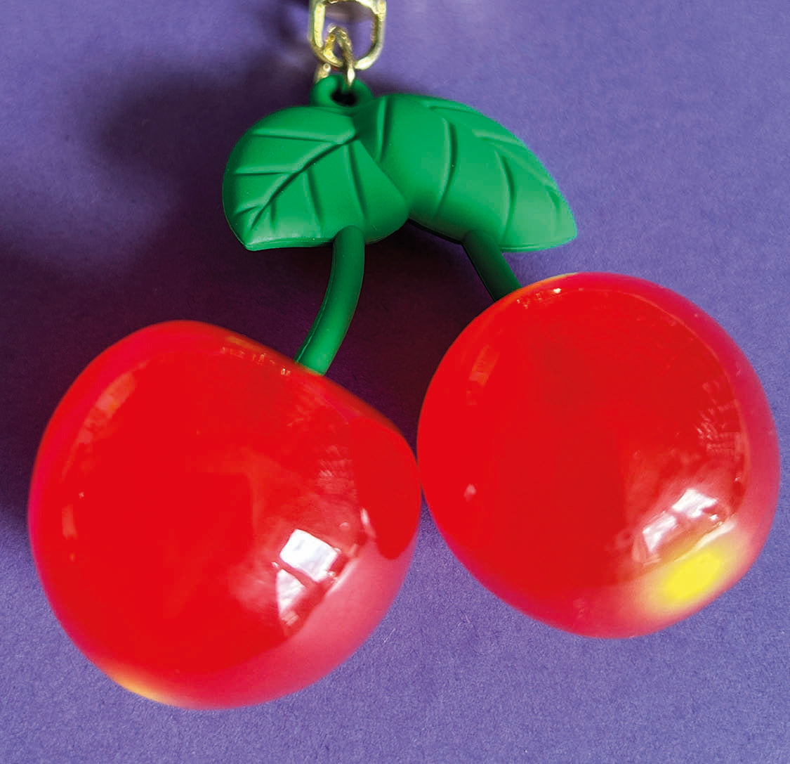 Red and green Cherry Keyring - Bag Charm. Gold plated metal chain and clasp. 