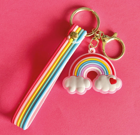 PVC rainbow keyring with lanyard and gold plated ring and clasp.