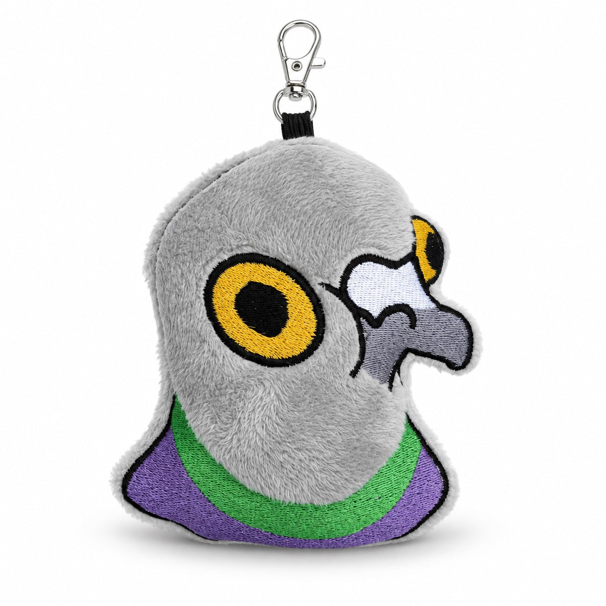 A plush pigeon keychain or pouch charm with embroidered gray feathers, large yellow eyes, a purple and green neck band, and a silver metal clasp on a white background.