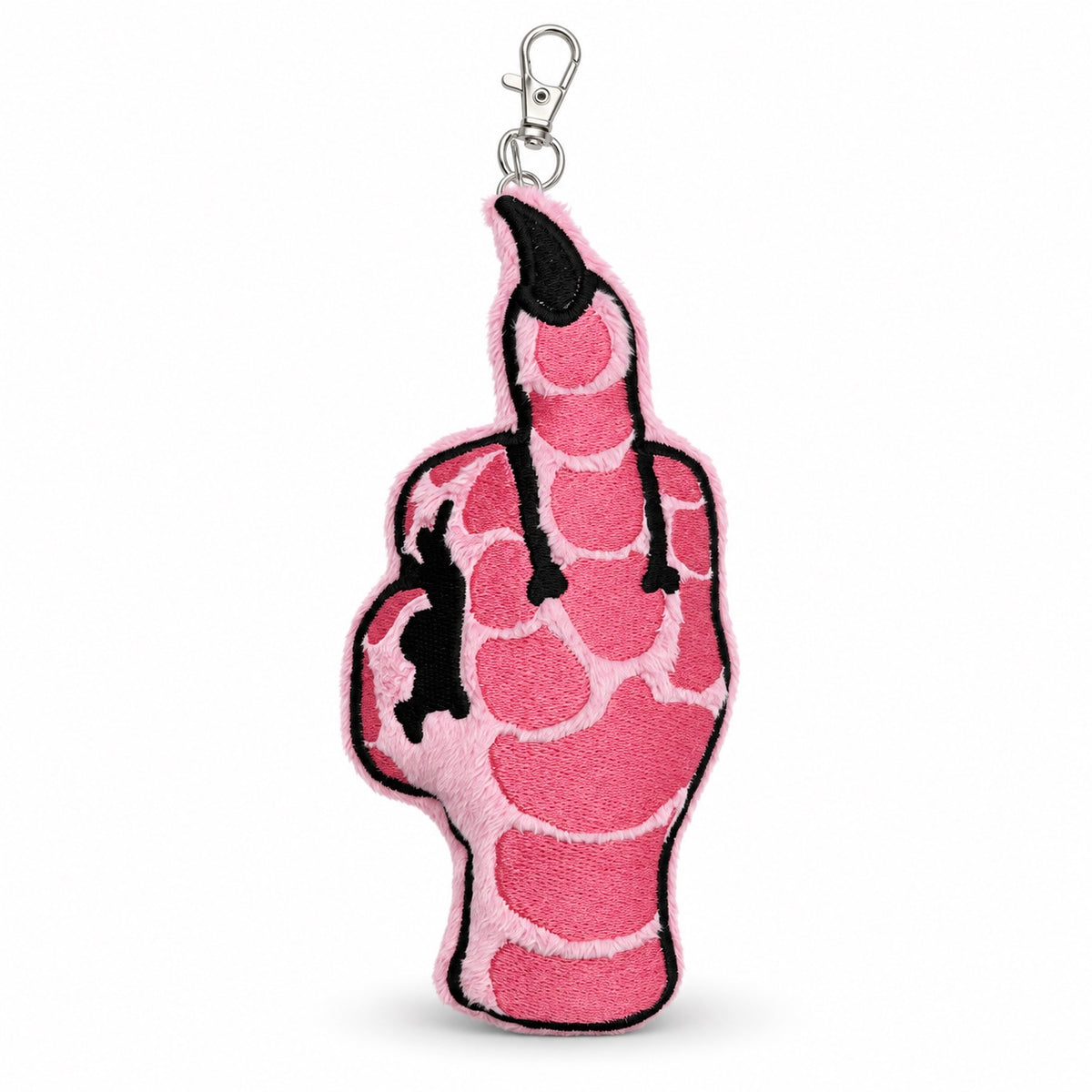 A pink and black embroidered plush keychain shaped like a pigeon claw gesturing with the middle finger, featuring a silver metal clasp at the top, shown on a plain white background.