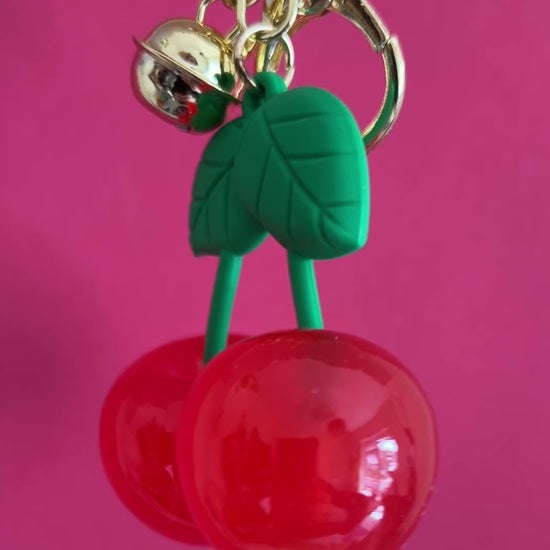 Red and green Cherry Keyring - Bag Charm. Gold plated metal chain and clasp. 